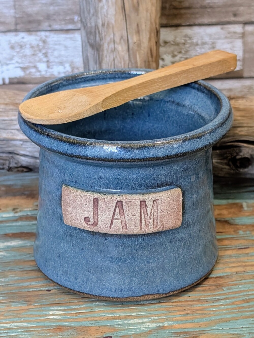 Creative Stoneware Hand Thrown Blue Stoneware Jam Jar W Wooden Spoon